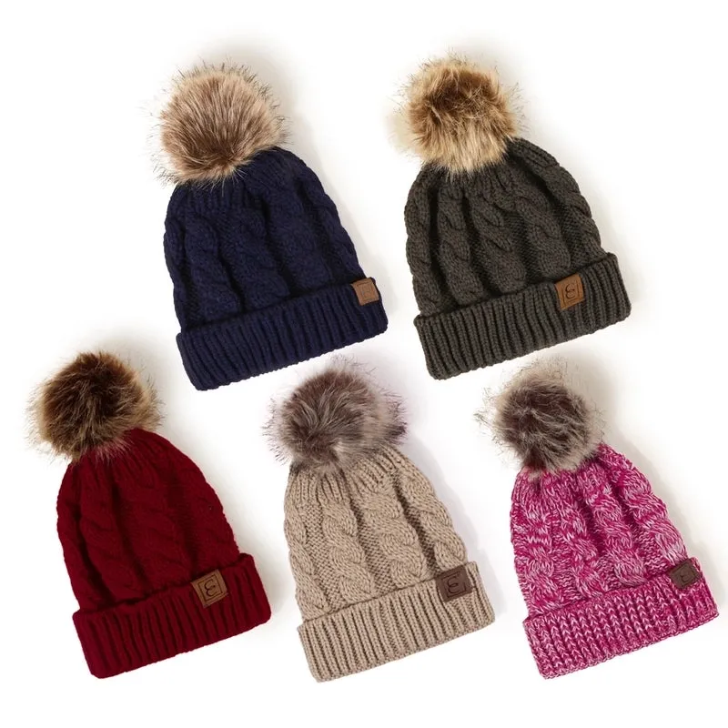 Korean Style Warm Leather Label Fur Ball Knitted Hat Wholesale