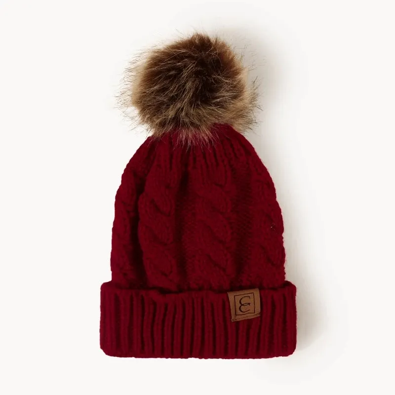 Korean Style Warm Leather Label Fur Ball Knitted Hat Wholesale