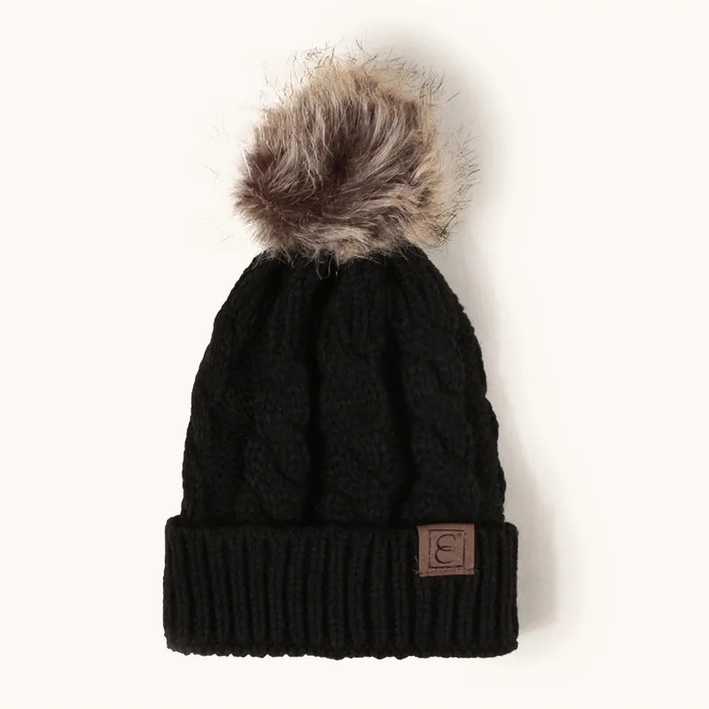 Korean Style Warm Leather Label Fur Ball Knitted Hat Wholesale