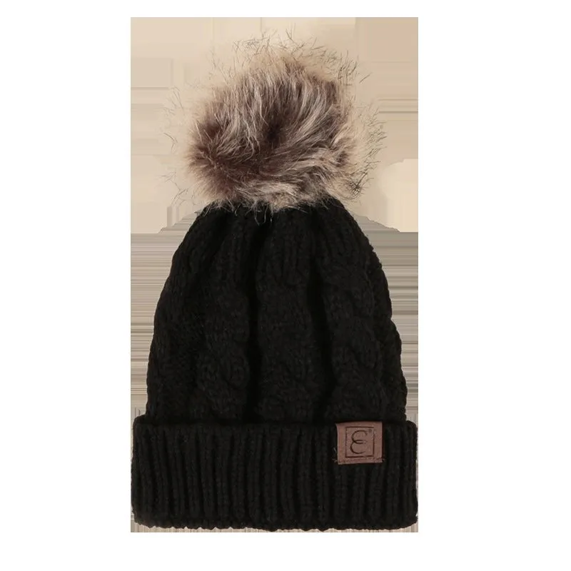 Korean Style Warm Leather Label Fur Ball Knitted Hat Wholesale