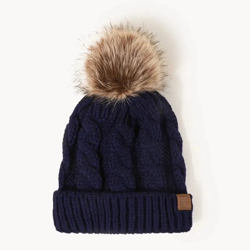 Korean Style Warm Leather Label Fur Ball Knitted Hat Wholesale