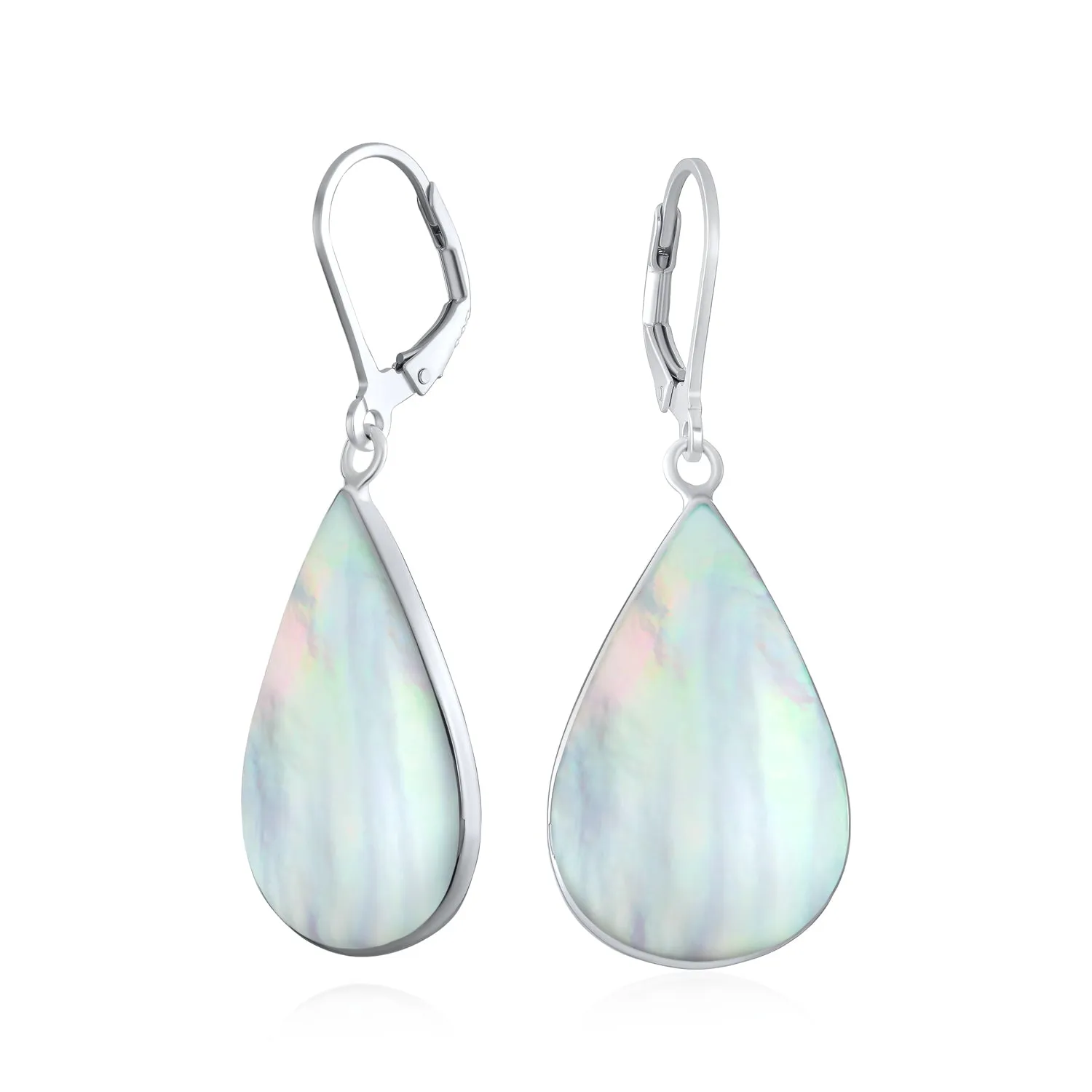 Large Shell Gemstone Teardrop Dangle Earrings in Sterling Silver Leverback