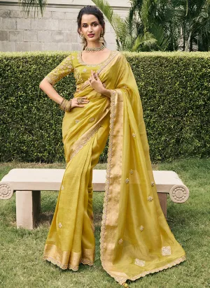 Lime Yellow Multi Embroidery Tissue Silk Saree