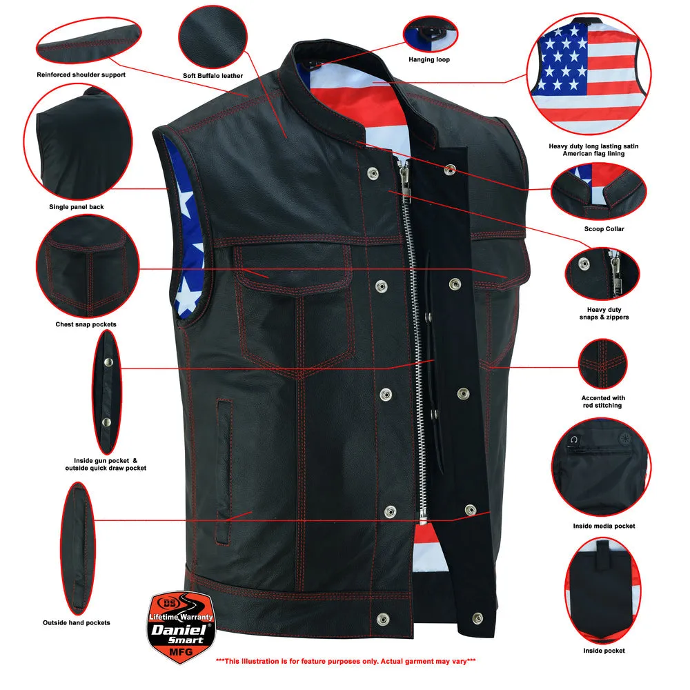 MEN’S LEATHER VEST WITH RED STITCHING AND USA INSIDE FLAG LINING