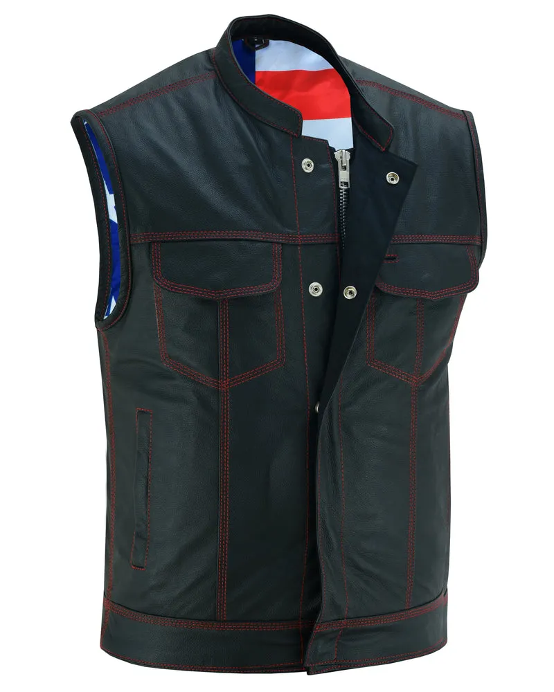 MEN’S LEATHER VEST WITH RED STITCHING AND USA INSIDE FLAG LINING