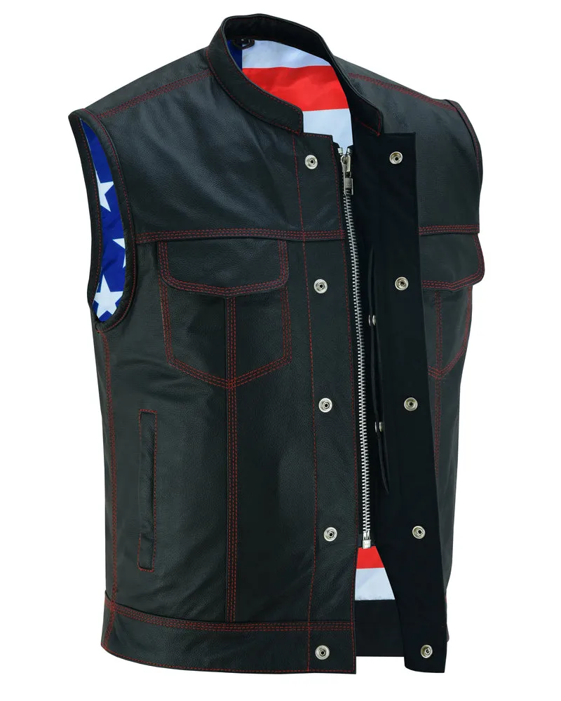 MEN’S LEATHER VEST WITH RED STITCHING AND USA INSIDE FLAG LINING