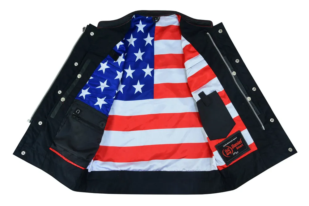 MEN’S LEATHER VEST WITH RED STITCHING AND USA INSIDE FLAG LINING