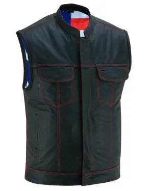 MEN’S LEATHER VEST WITH RED STITCHING AND USA INSIDE FLAG LINING