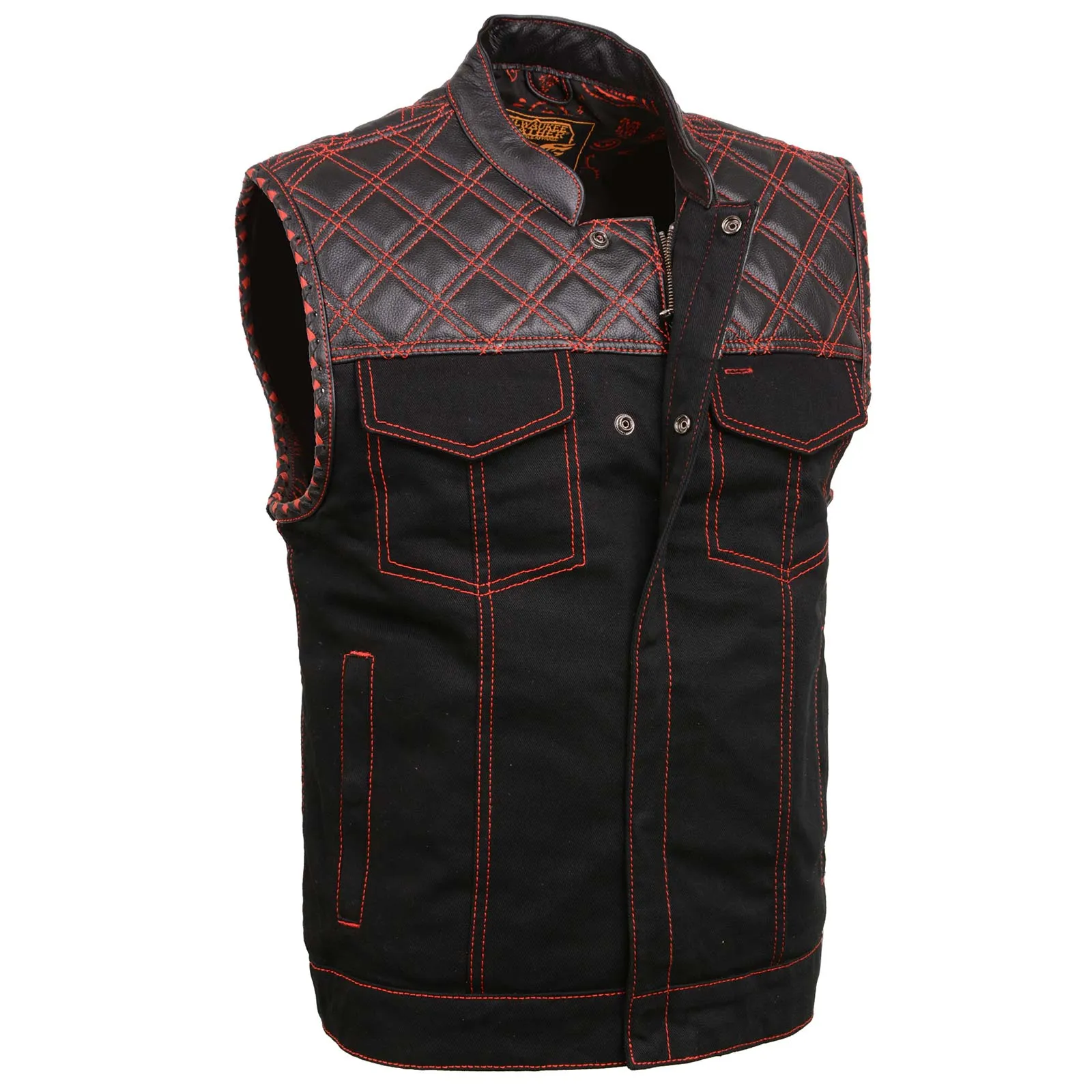 Milwaukee Leather MDM3036 Men's 'Wrecker' Black Denim and Leather Club Style Vest w/ Diamond Quilt Design