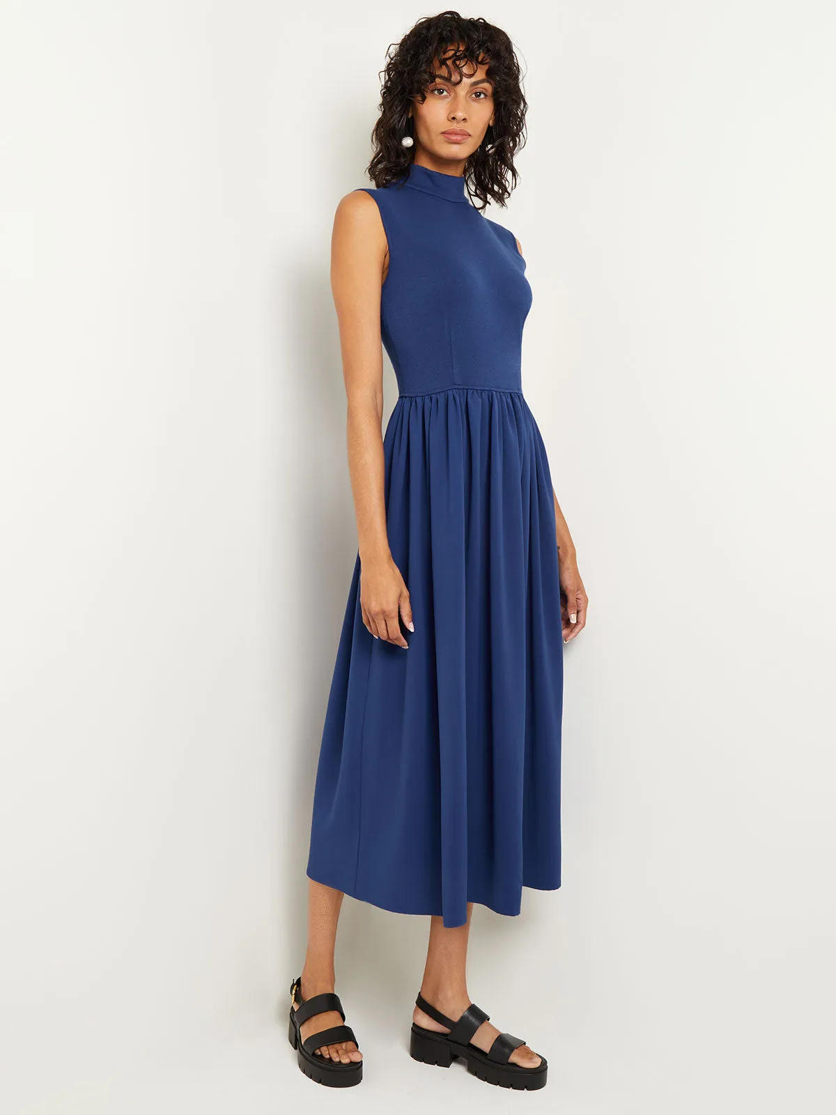 Mixed Media Fit-and-Flare Sleeveless Midi Dress