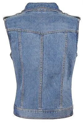 MOTORCYCLE LADIES BLUE SEXY ZIPPER DENIM VEST W/STUDDED SPIKES W/2 GUN POCKETS