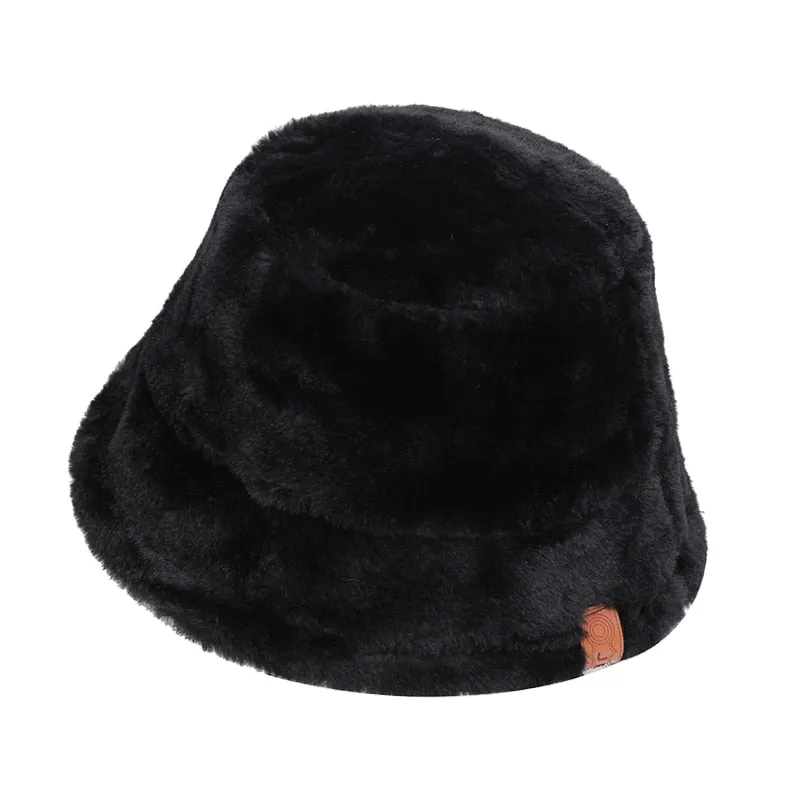 NEWBLOM Leopard Fluffy Hat Faux Fur Warm Bucket Hats