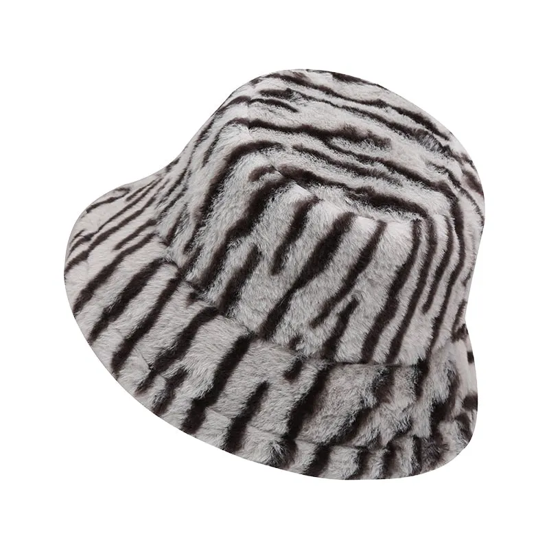 NEWBLOM Leopard Fluffy Hat Faux Fur Warm Bucket Hats