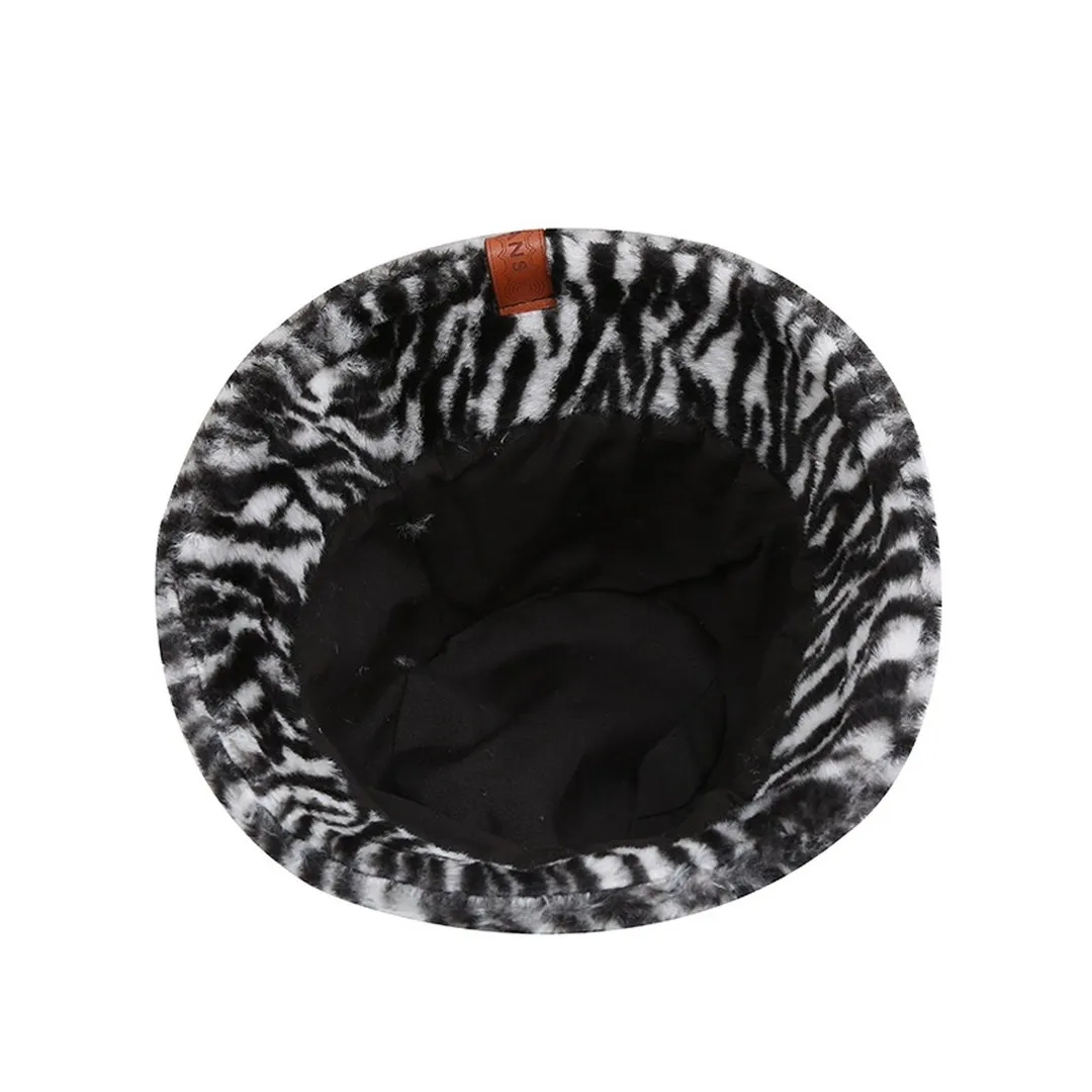 NEWBLOM Leopard Fluffy Hat Faux Fur Warm Bucket Hats