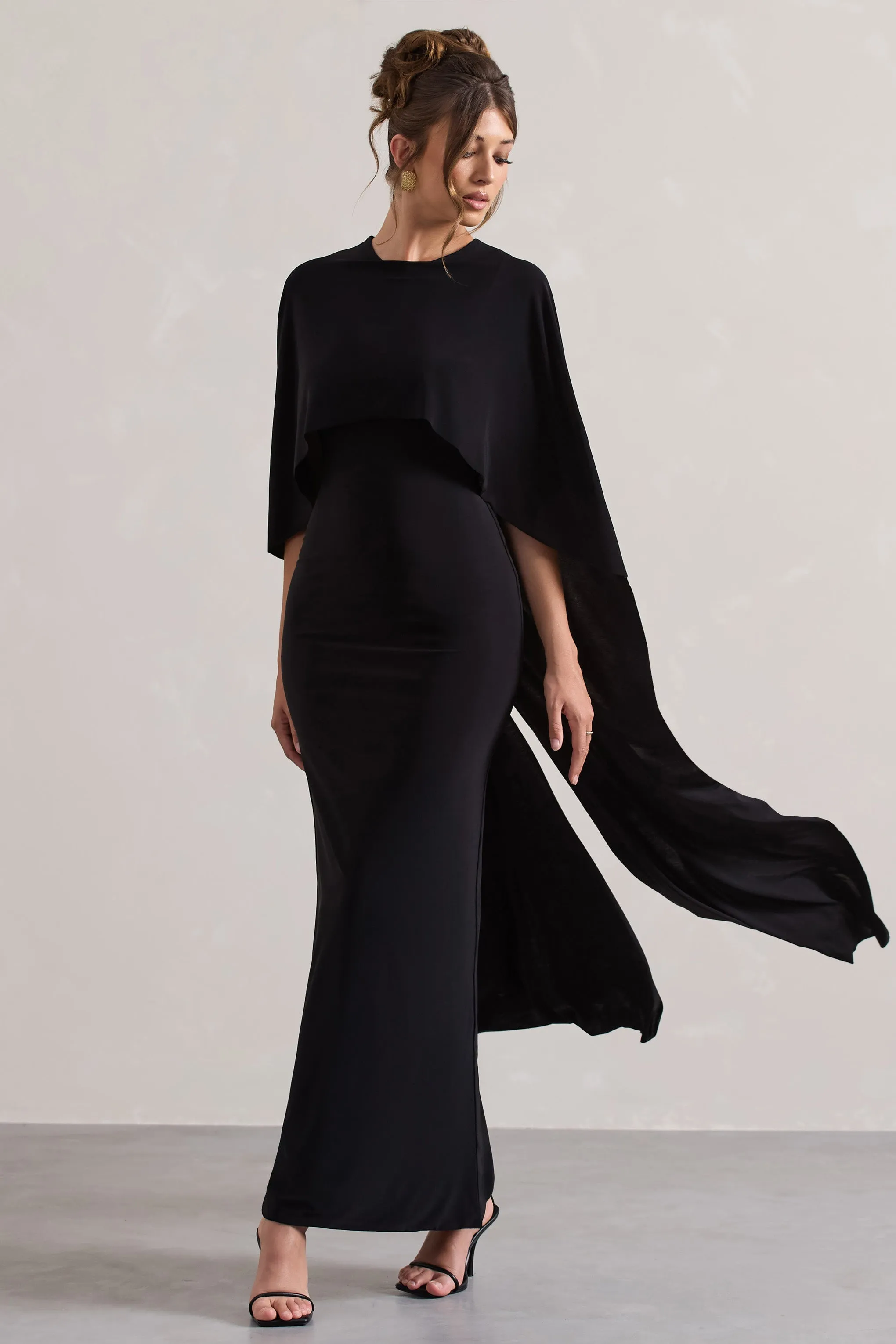 Palena | Black Draped Maxi Dress With Cape Sleeves