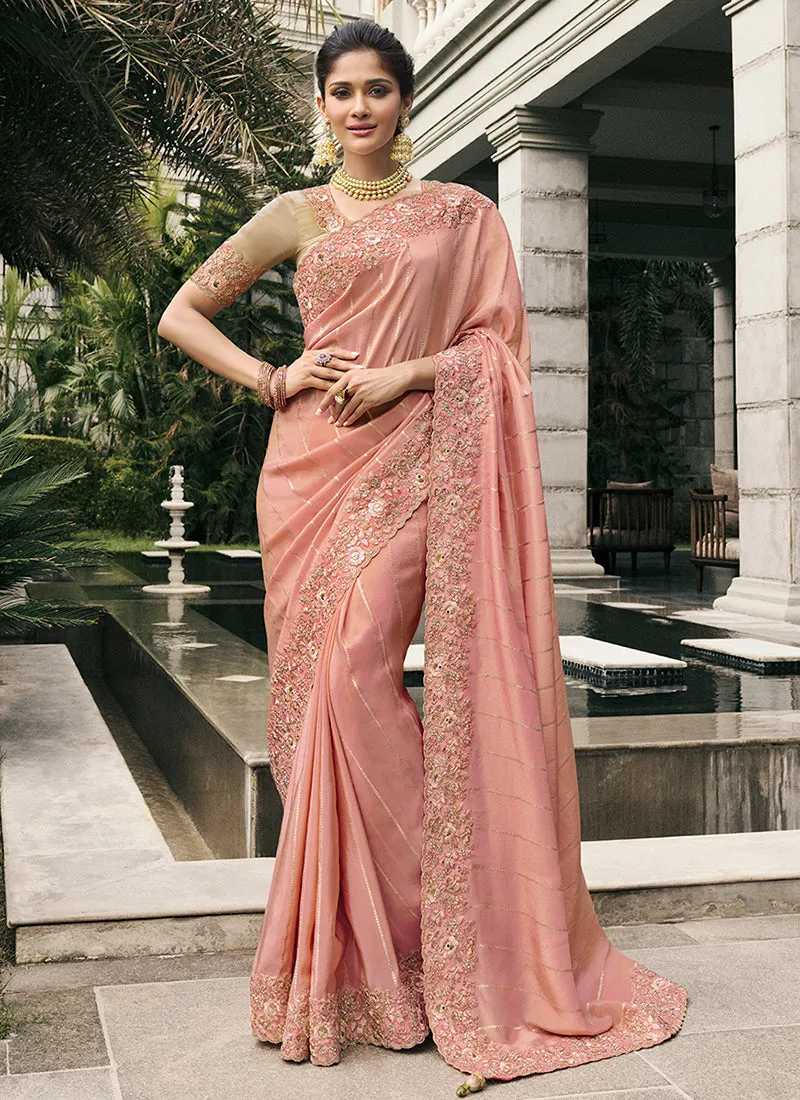 Peach Multi Embroidery Tissue Silk Saree