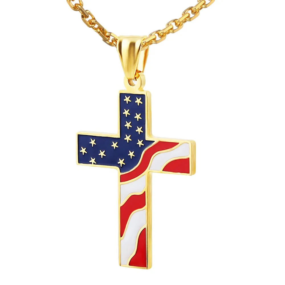 SISSLIA USA Flag Silver Plated Cross Pendant Necklace Stainless Steel American Pendant Necklaces Jewelry