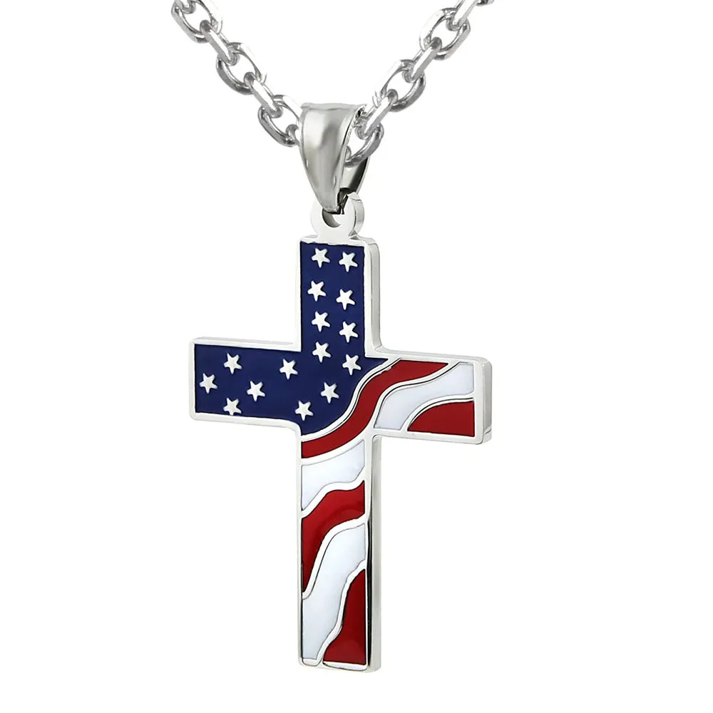 SISSLIA USA Flag Silver Plated Cross Pendant Necklace Stainless Steel American Pendant Necklaces Jewelry