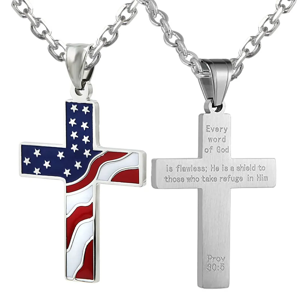 SISSLIA USA Flag Silver Plated Cross Pendant Necklace Stainless Steel American Pendant Necklaces Jewelry