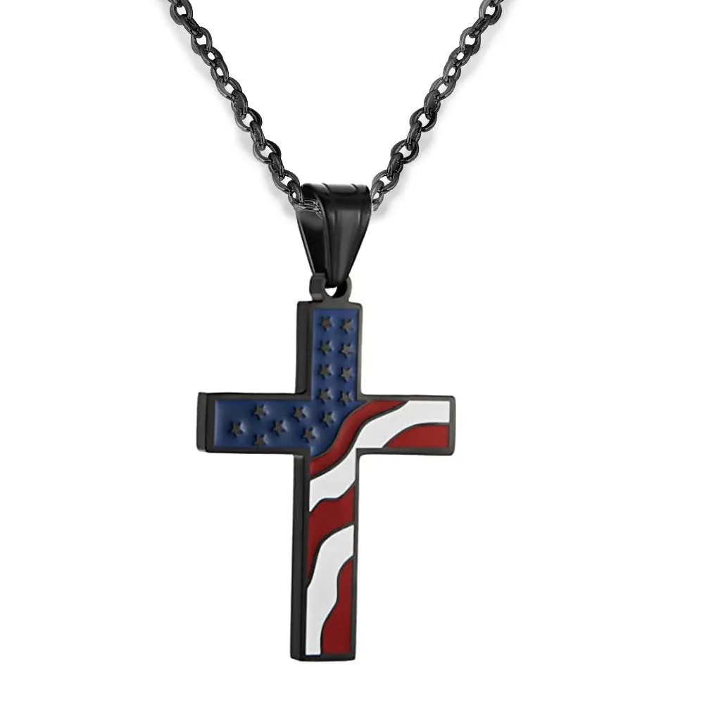 SISSLIA USA Flag Silver Plated Cross Pendant Necklace Stainless Steel American Pendant Necklaces Jewelry