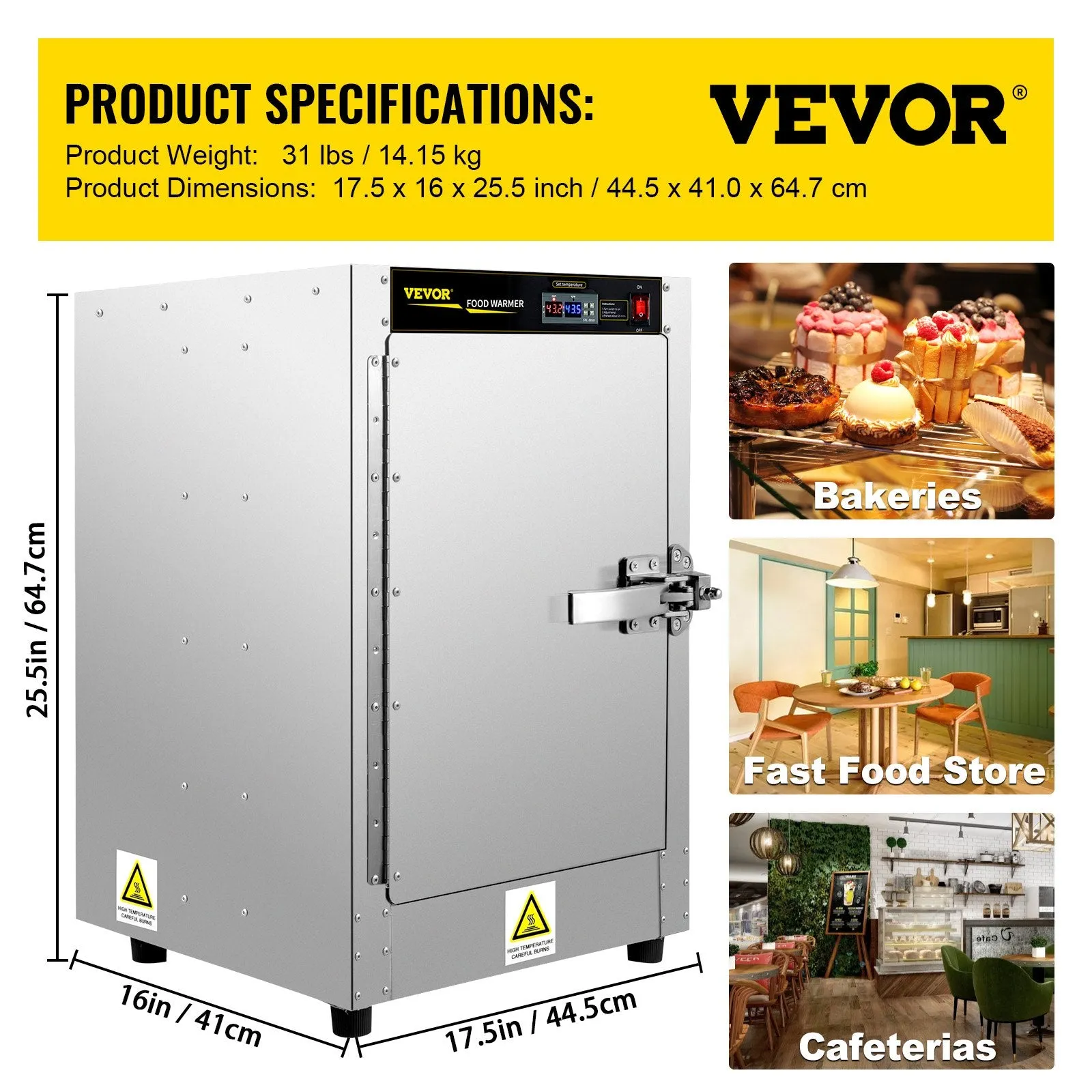 Vevor Hot Box Food Warmer 16"x16"x24" 4 Shelves Water Tray 750W Tested to UL Standards New