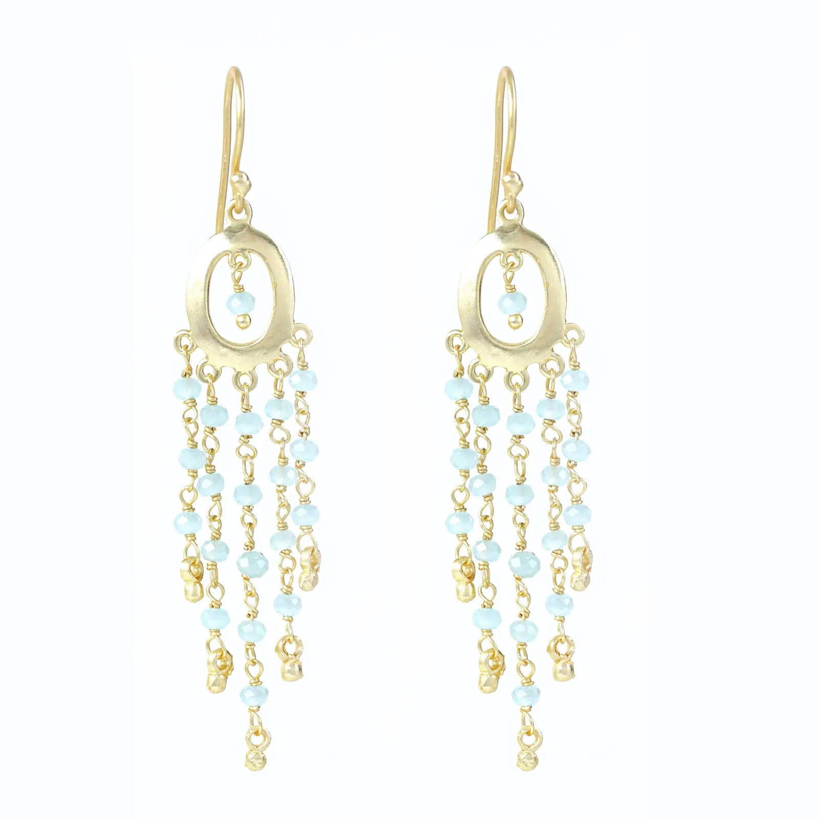 Waterfall Cascade Aqua Chalcedony Bead Chandelier Earrings Gold Plated