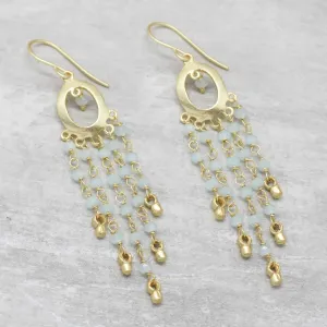 Waterfall Cascade Aqua Chalcedony Bead Chandelier Earrings Gold Plated