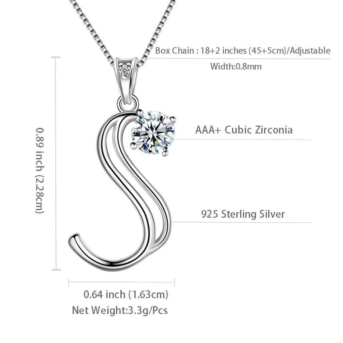 Women Initial S Letter Pendant Necklace Girl Name Jewelry Gift 925 Sterling Silver