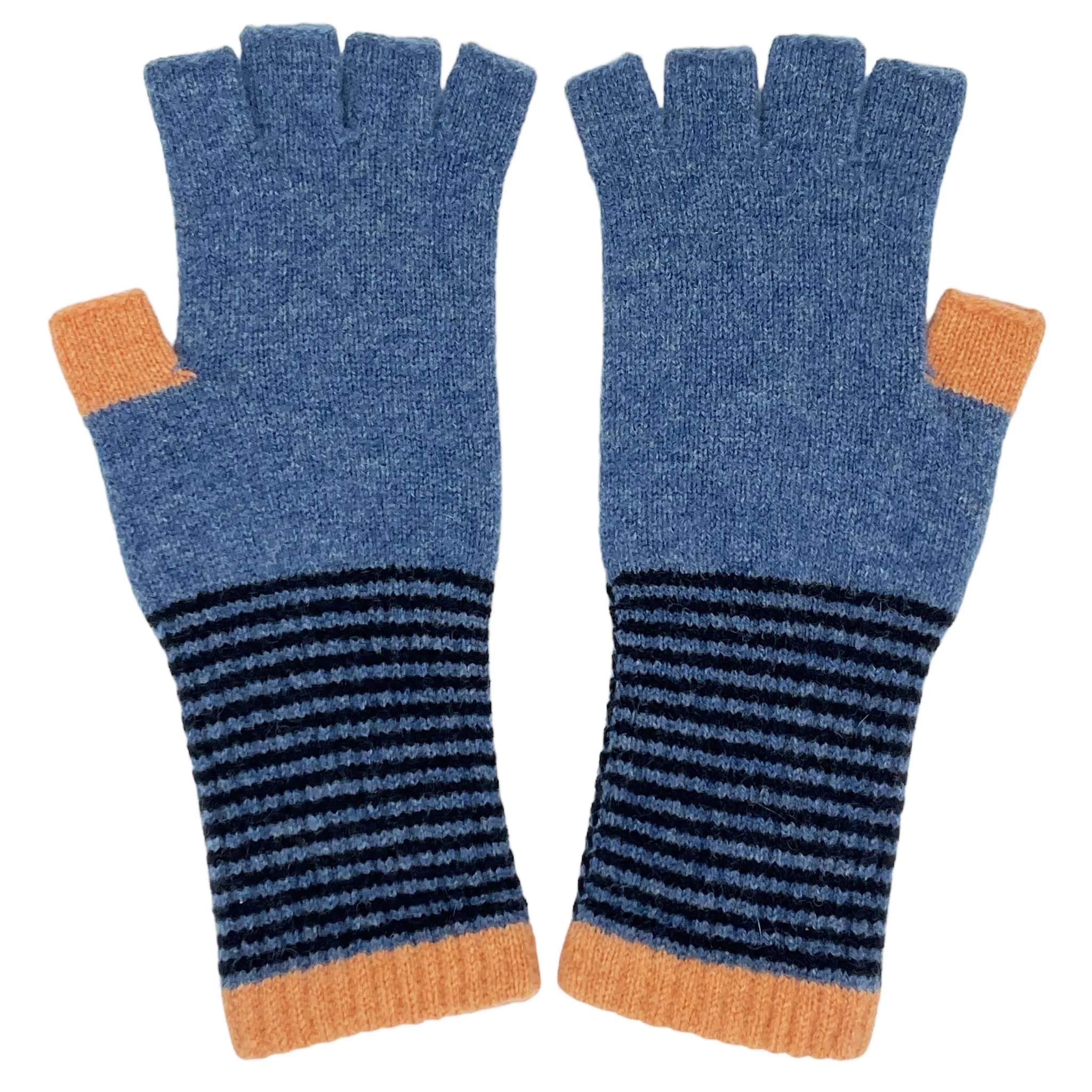 Women's Denim Blue & Peach Lambswool Fingerless Gloves